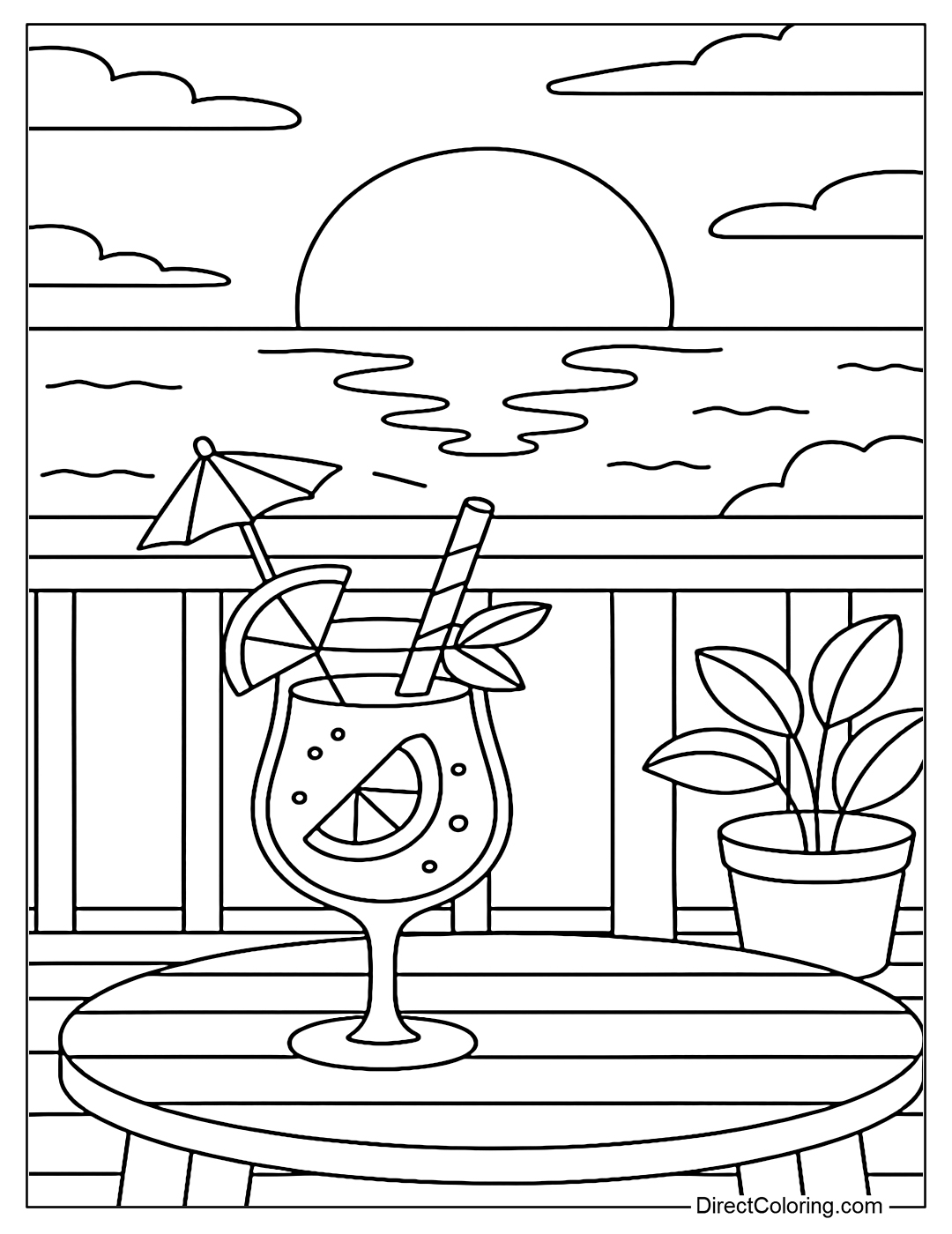 Sunset scene coloring page seen from the balcony, mocktail cocktail on a wooden table.